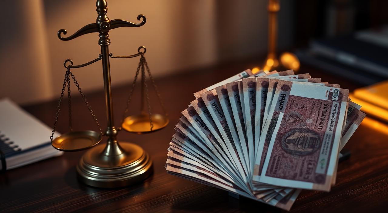 Recovered Indian rupee currency notes beside a bank attachment order document and a brass scale of justice on a dark wood desk