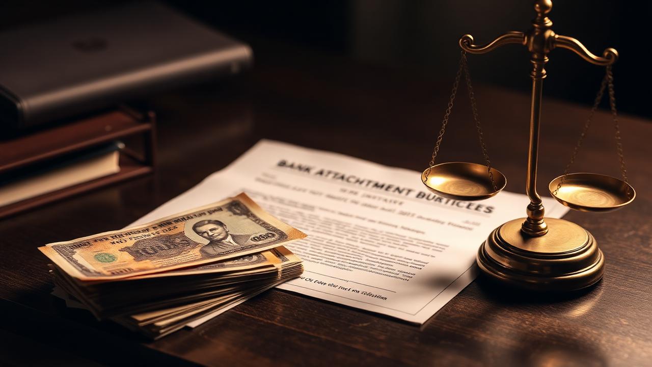 Recovered Indian rupee currency notes beside a bank attachment order document and a brass scale of justice on a dark wood desk