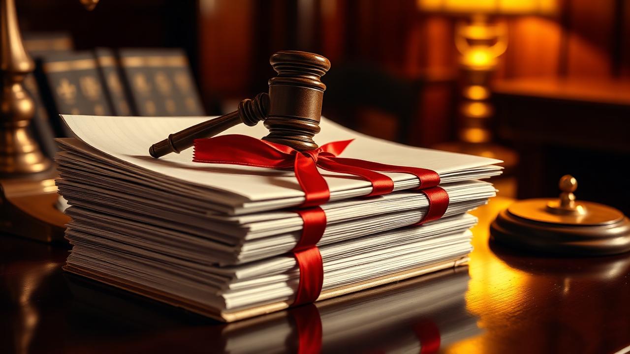 Stack of court papers tied with red ribbon with a brass gavel resting on top in a warmly lit Indian advocate's chamber