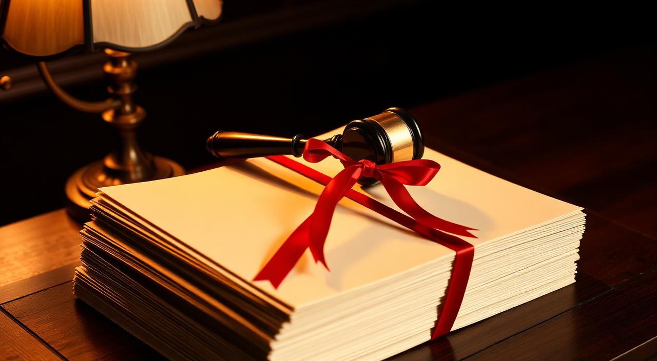 Stack of court papers tied with red ribbon with a brass gavel resting on top in a warmly lit Indian advocate's chamber