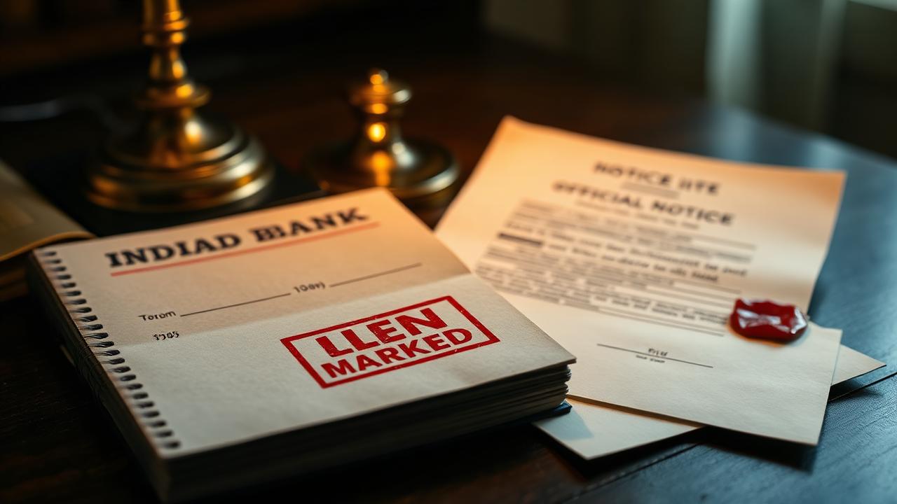 Indian bank passbook with red lien-marked rubber stamp impression beside an official freeze notice on a dark wood desk