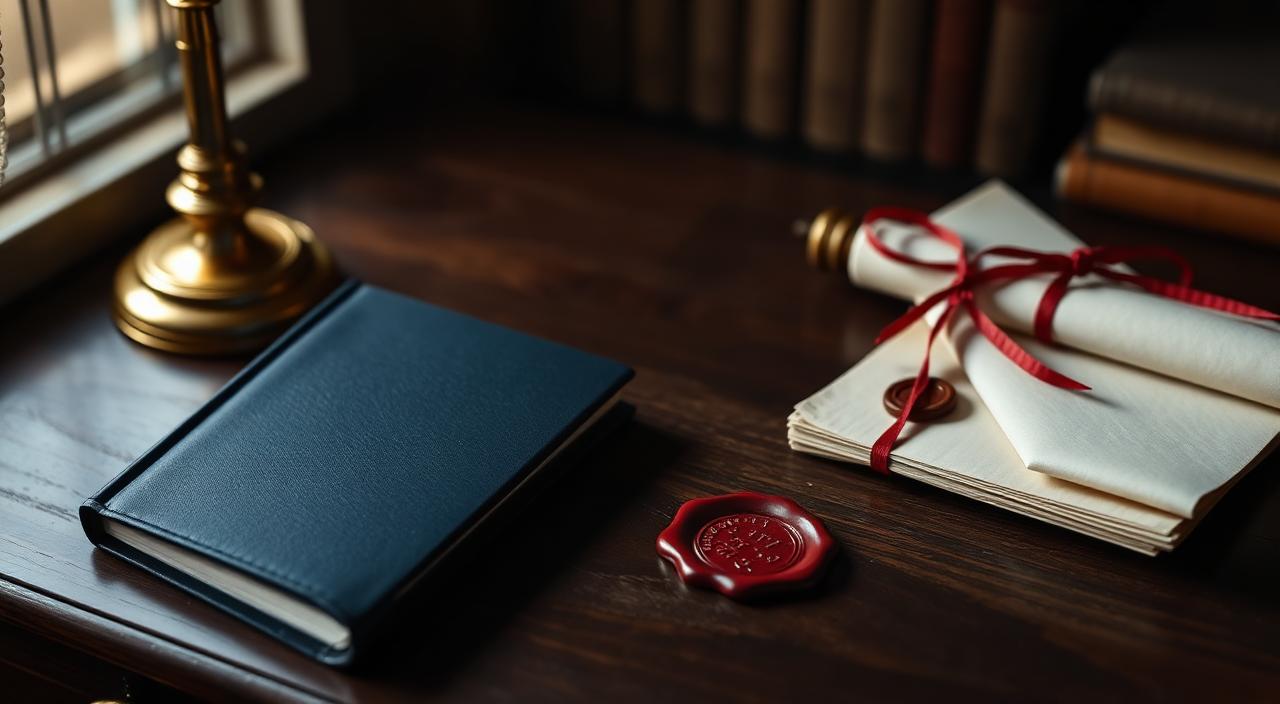 Closed dark blue Indian bank passbook on a walnut desk beside a red wax seal impression and a bound legal scroll under brass lamp light