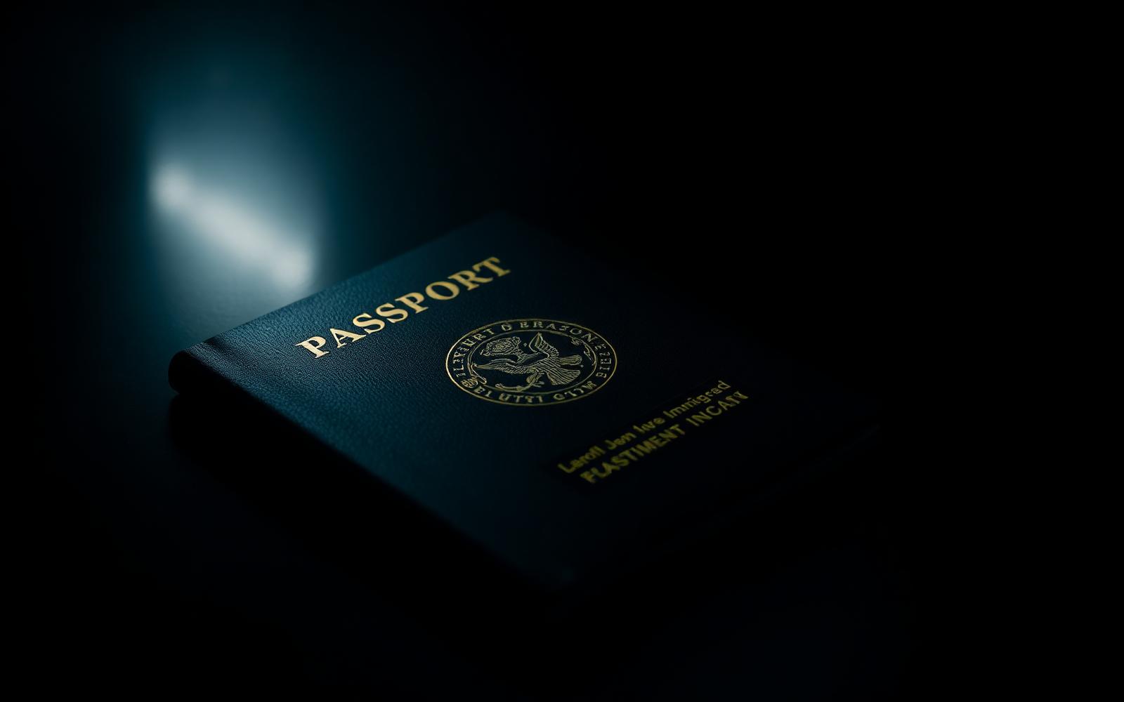 A single passport resting on a dark immigration counter under a soft warm gold rim light