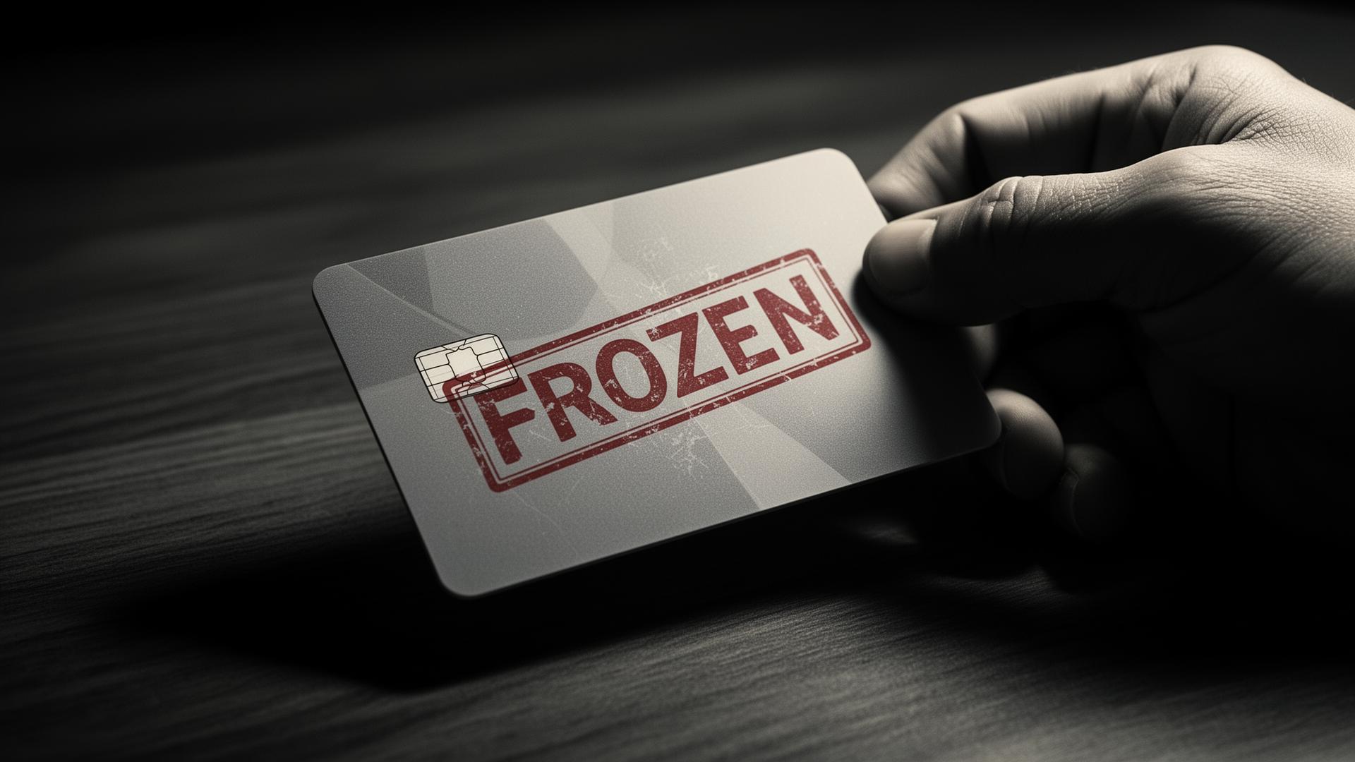 A hand holding a debit card stamped 'Frozen' in red on a dark wooden desk