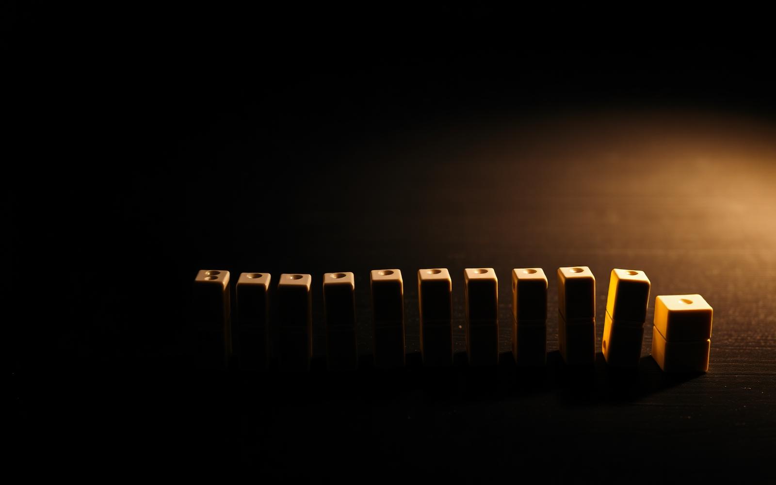 A row of dominoes mid-fall on a dark wooden surface under a single warm gold side light