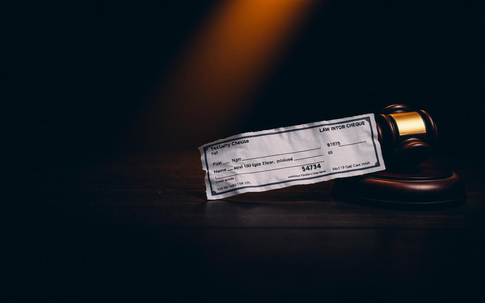 A torn cheque on a dark wooden surface beside a wooden gavel under a warm shaft of light