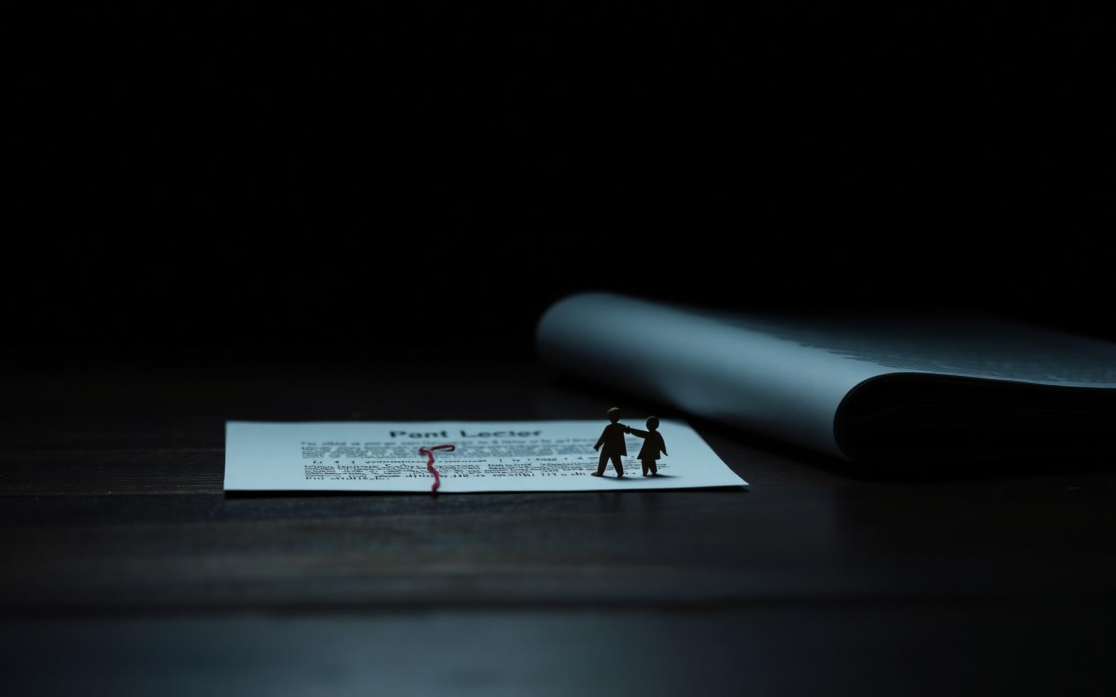 Two small paper figures of a parent and child connected by a thin red thread on a dark wooden table beside a folded legal document