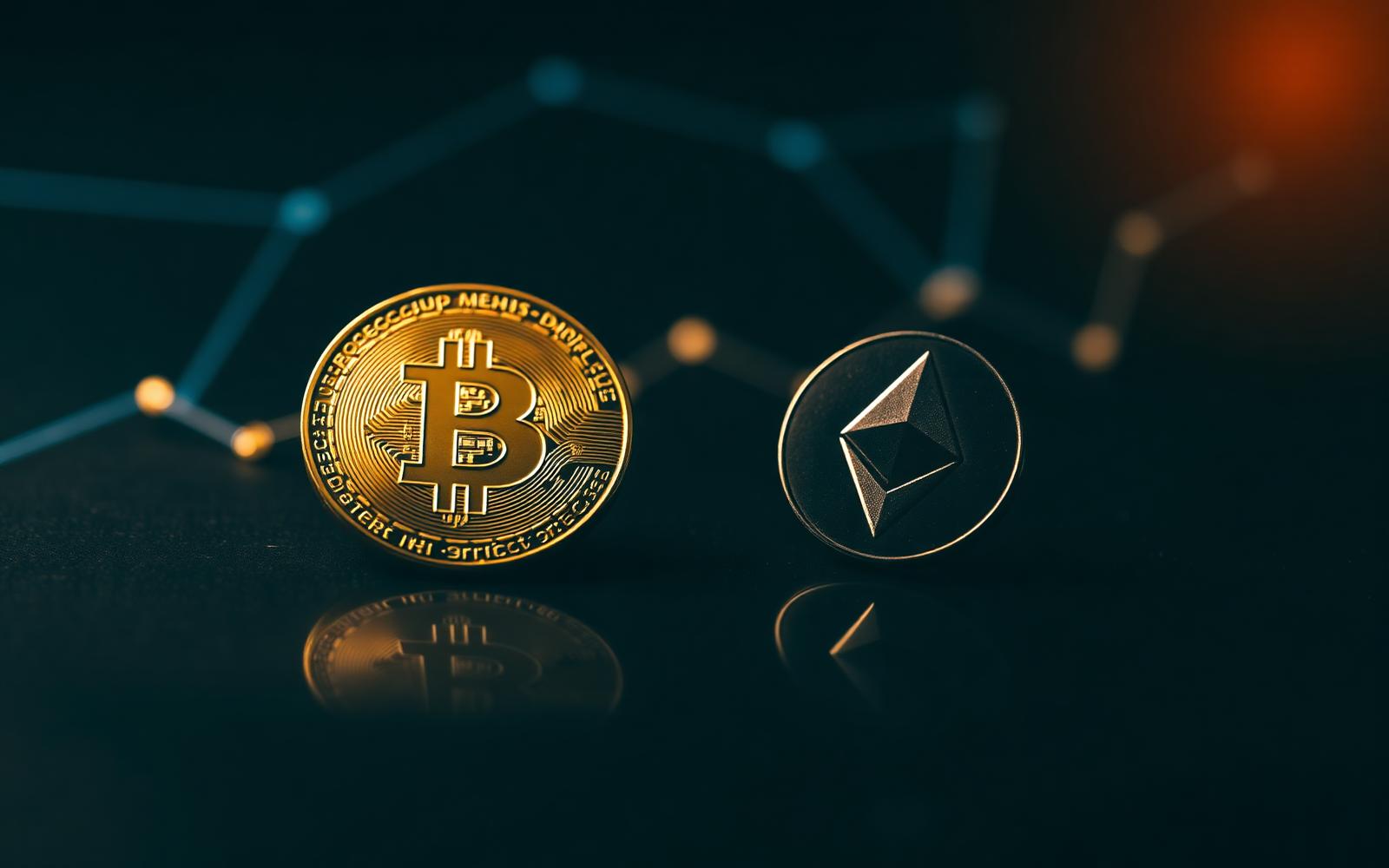 A bitcoin coin and an ethereum coin on a dark reflective surface with faint glowing network nodes in the background
