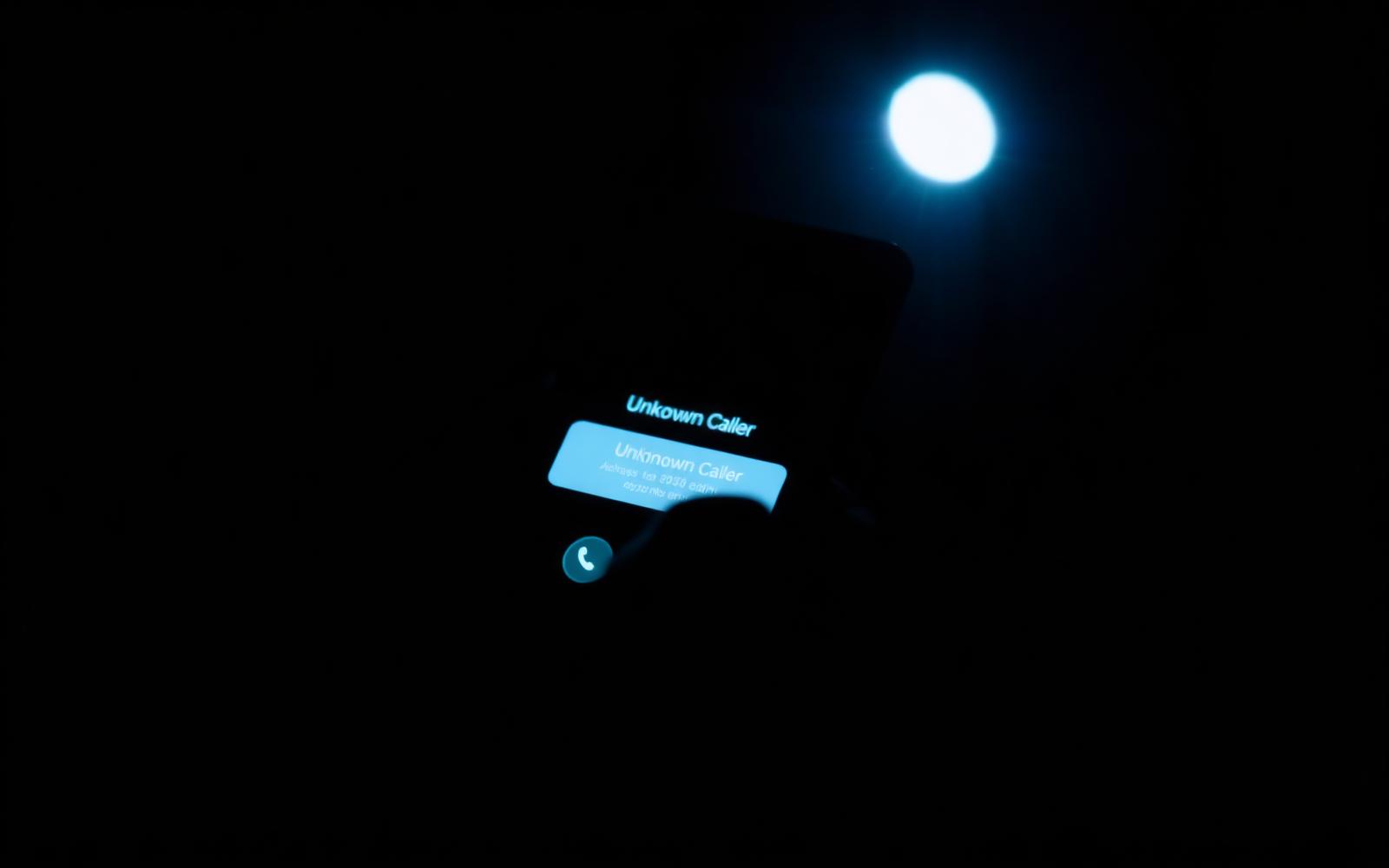 A smartphone in the dark showing an unknown caller alert, illuminated by a single cold blue light