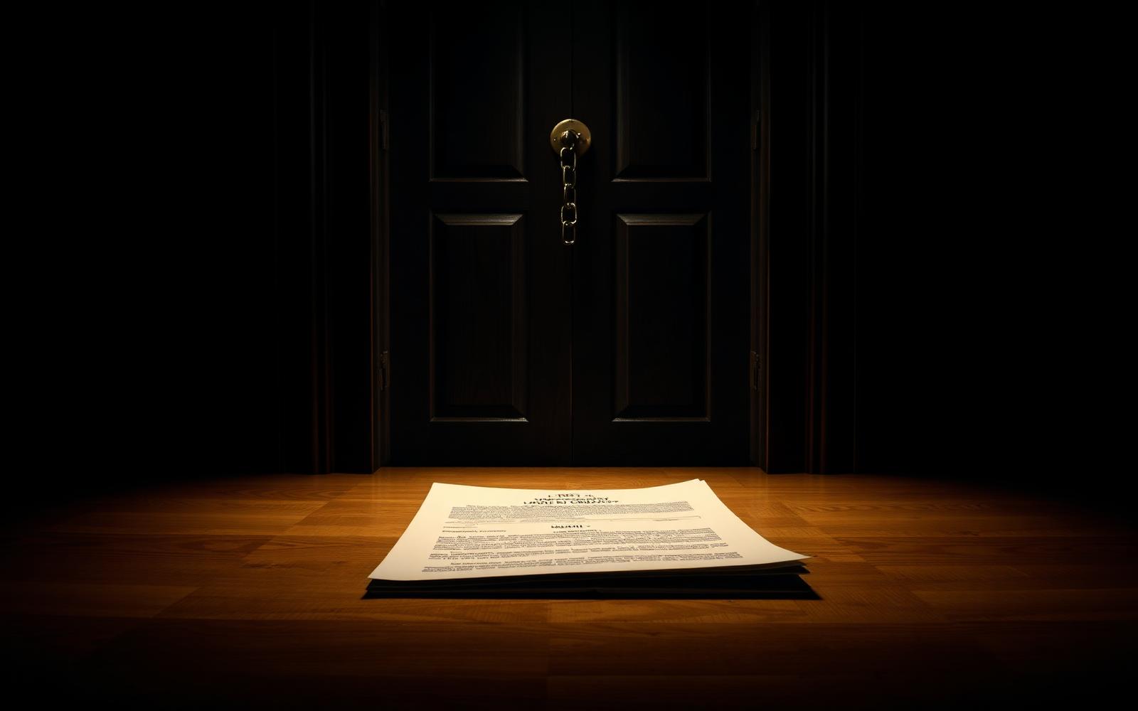 A closed wooden door with a chain across it and a folded legal document on the floor in front, lit by a single warm gold light