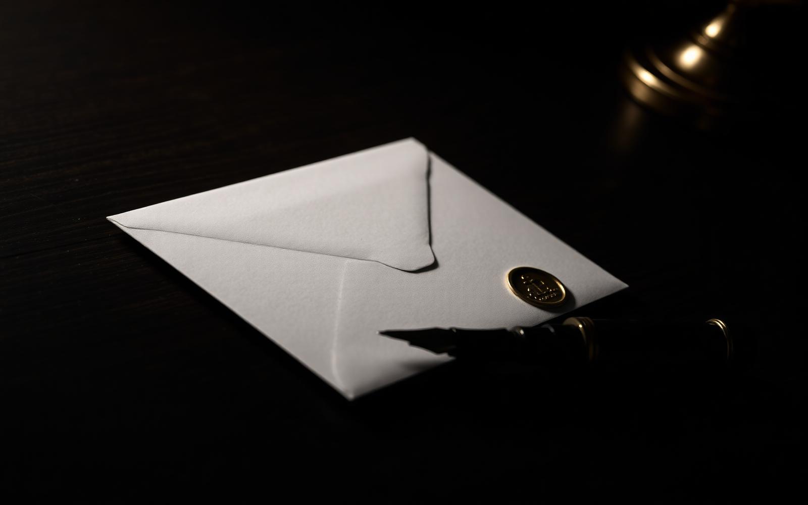 A sealed envelope with a faint government wax seal beside a fountain pen on a dark wooden desk under warm light