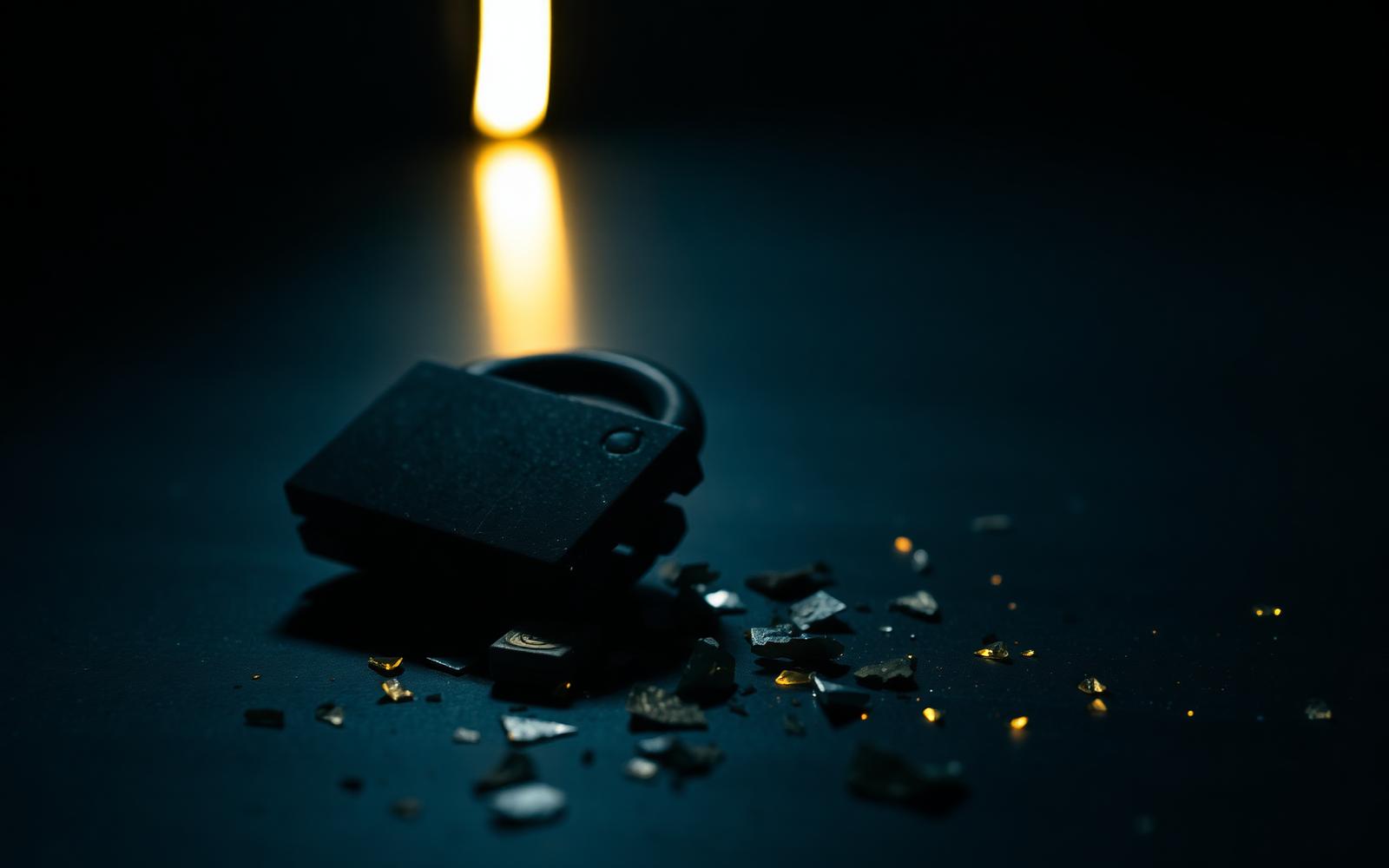 A broken padlock on a dark surface with faint glowing fragments scattered around it under a single warm gold light
