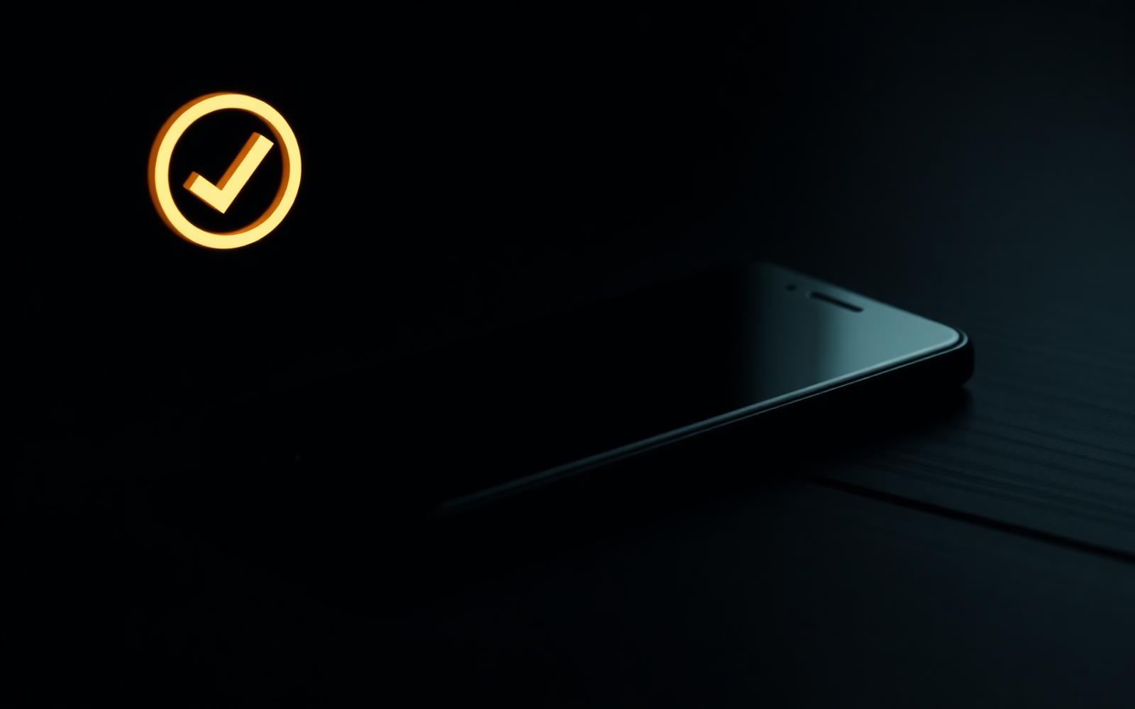 A smartphone face up on a dark wooden surface with a faint warm gold approval glyph hovering above it