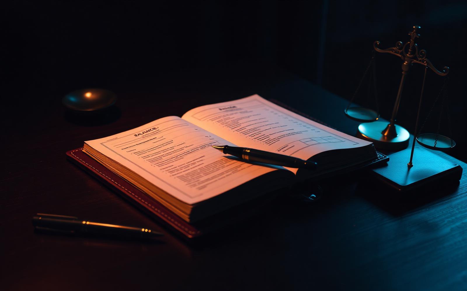 An open balance sheet ledger beside a fountain pen and brass scale of justice on a dark walnut desk lit by a warm amber light