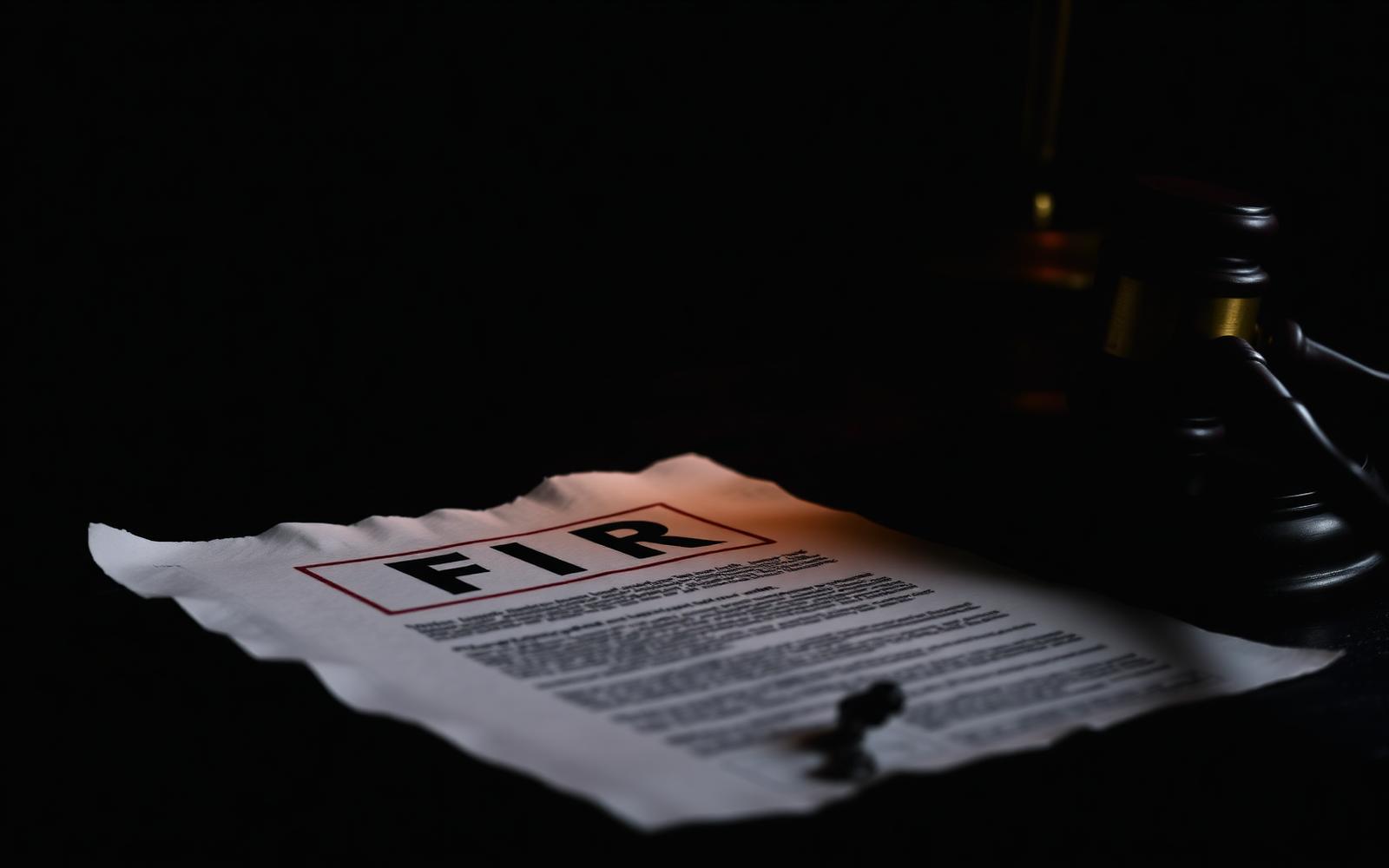 A torn FIR document on a dark mahogany table beside a wooden gavel under warm directional light
