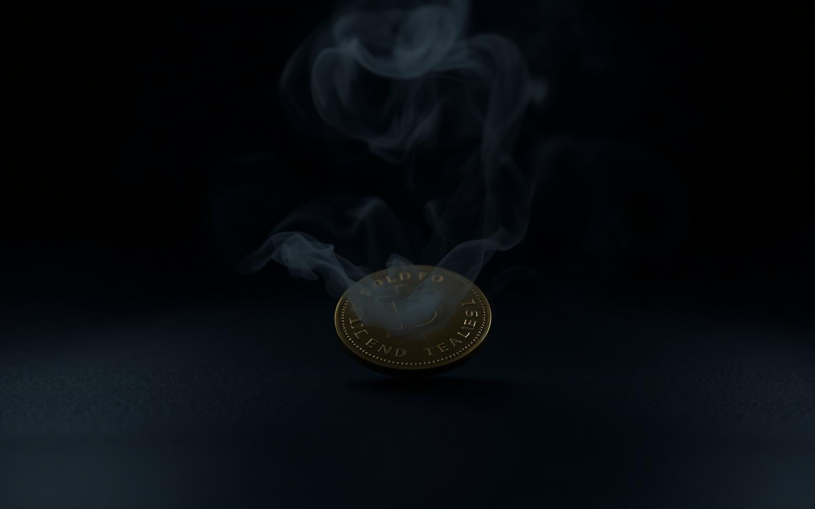 A single gold coin dissolving into faint smoke on a dark surface under a warm rim light