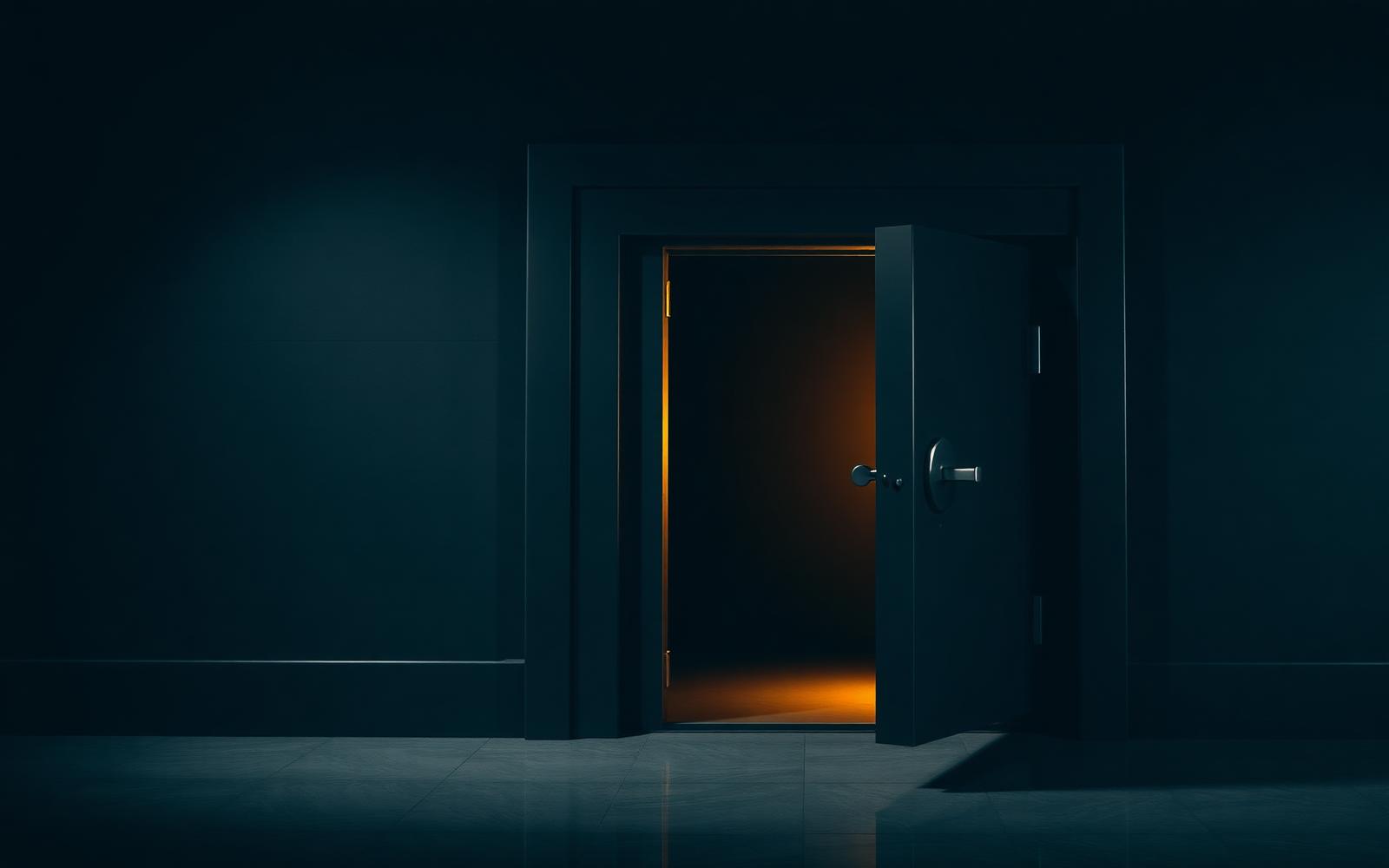 A heavy bank vault door slightly ajar with warm gold light leaking from inside, against a deep obsidian wall