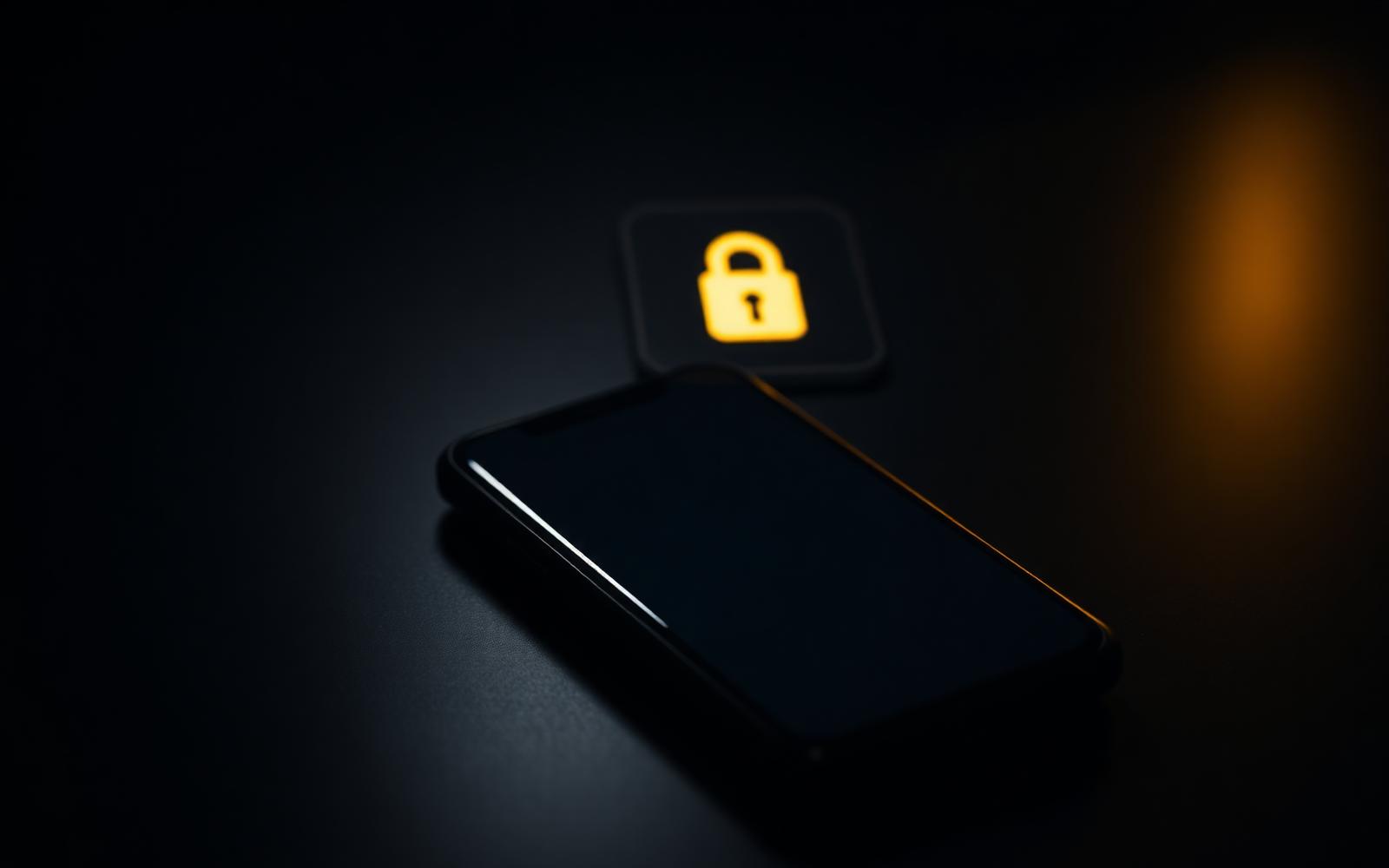 A smartphone on a dark surface with a faint warm gold padlock icon glowing above it