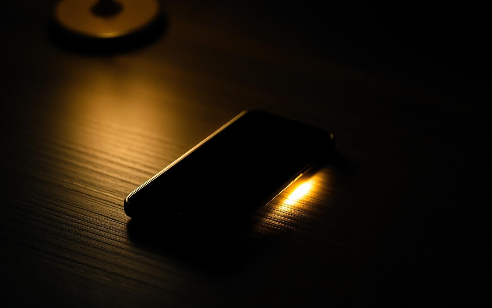 A smartphone face down on a dark wooden desk with a faint warm warning glow leaking from beneath