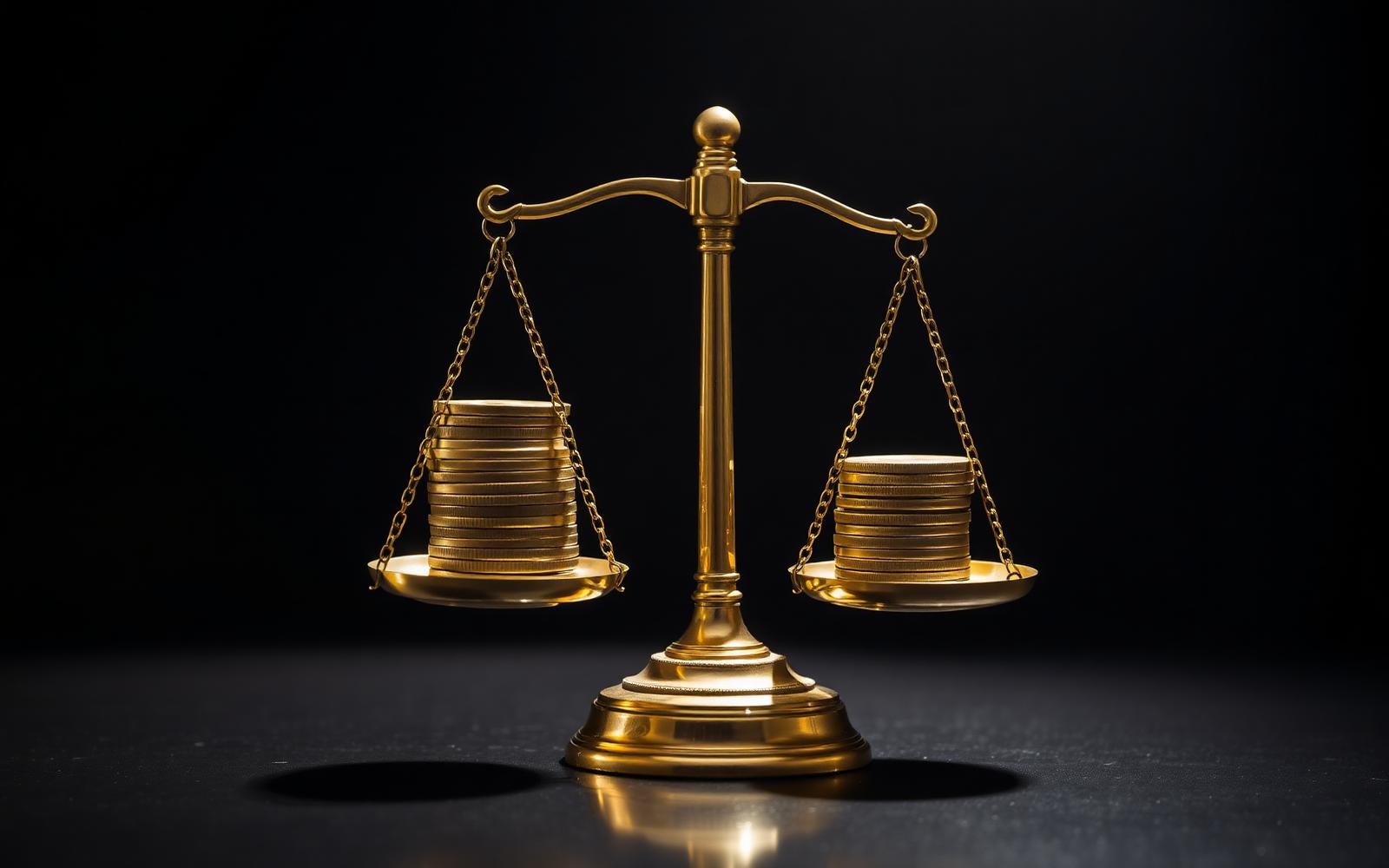 A polished brass weighing scale balancing two stacks of coins on a dark surface, lit by warm gold light