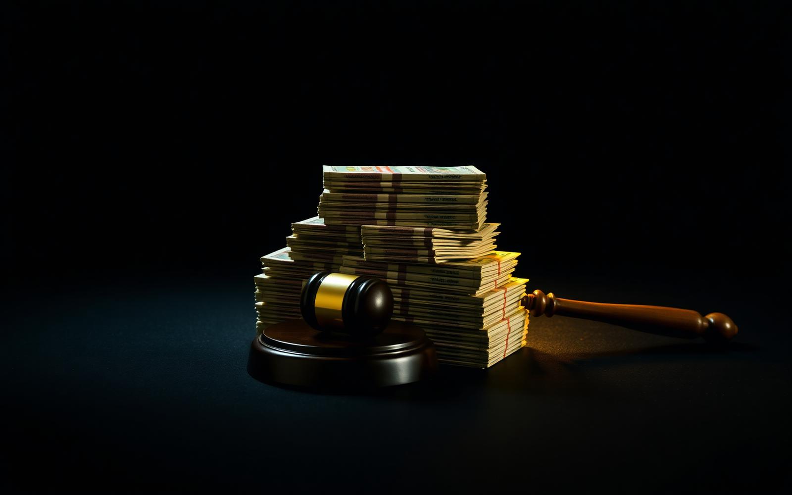 A pyramid stack of Indian rupee notes beside a wooden gavel on a dark surface lit by a warm side light