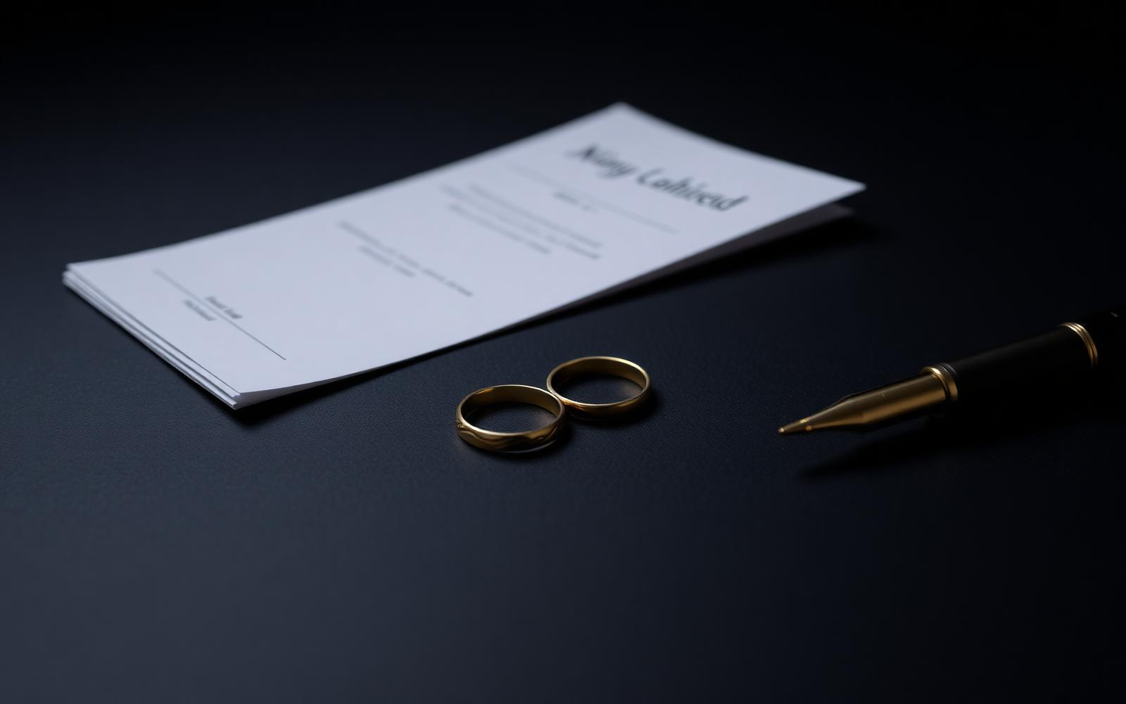 Two gold wedding rings sitting apart on a dark slate surface beside a folded legal document and a fountain pen