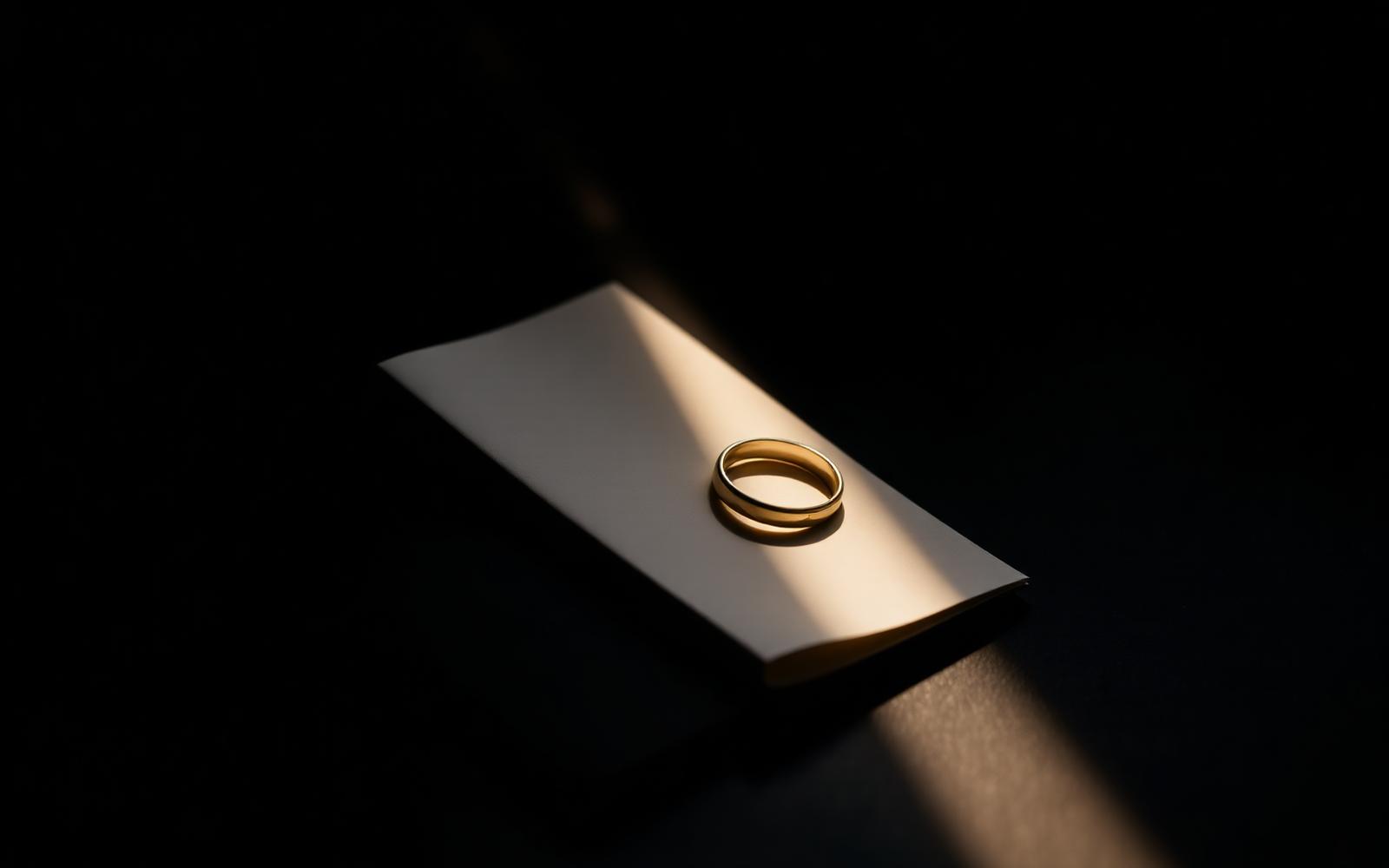 Two gold wedding rings resting on a folded legal document on a dark slate surface in a single shaft of warm light