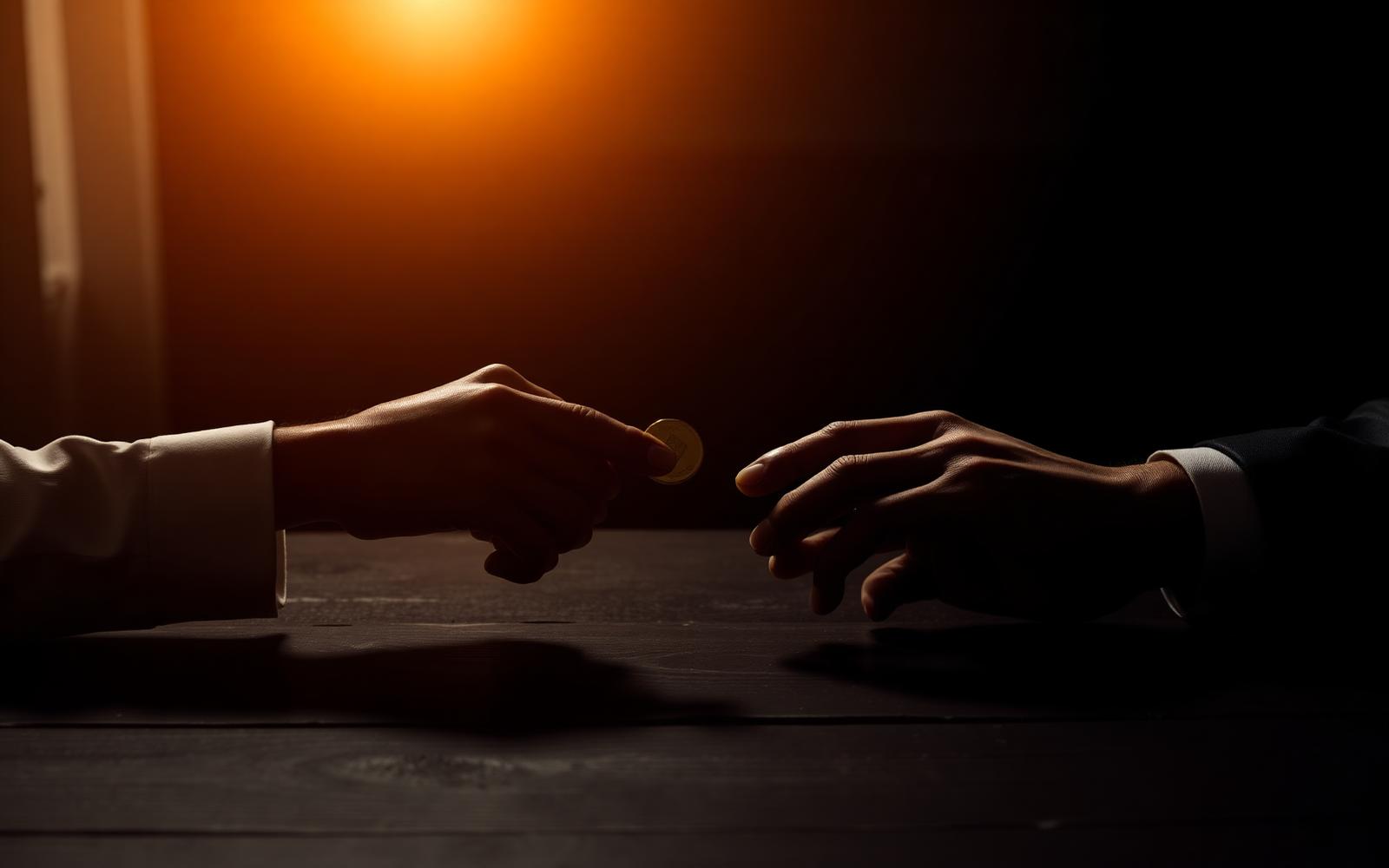 Two hands across a dark wooden table exchanging a single gold coin under a warm gold spotlight