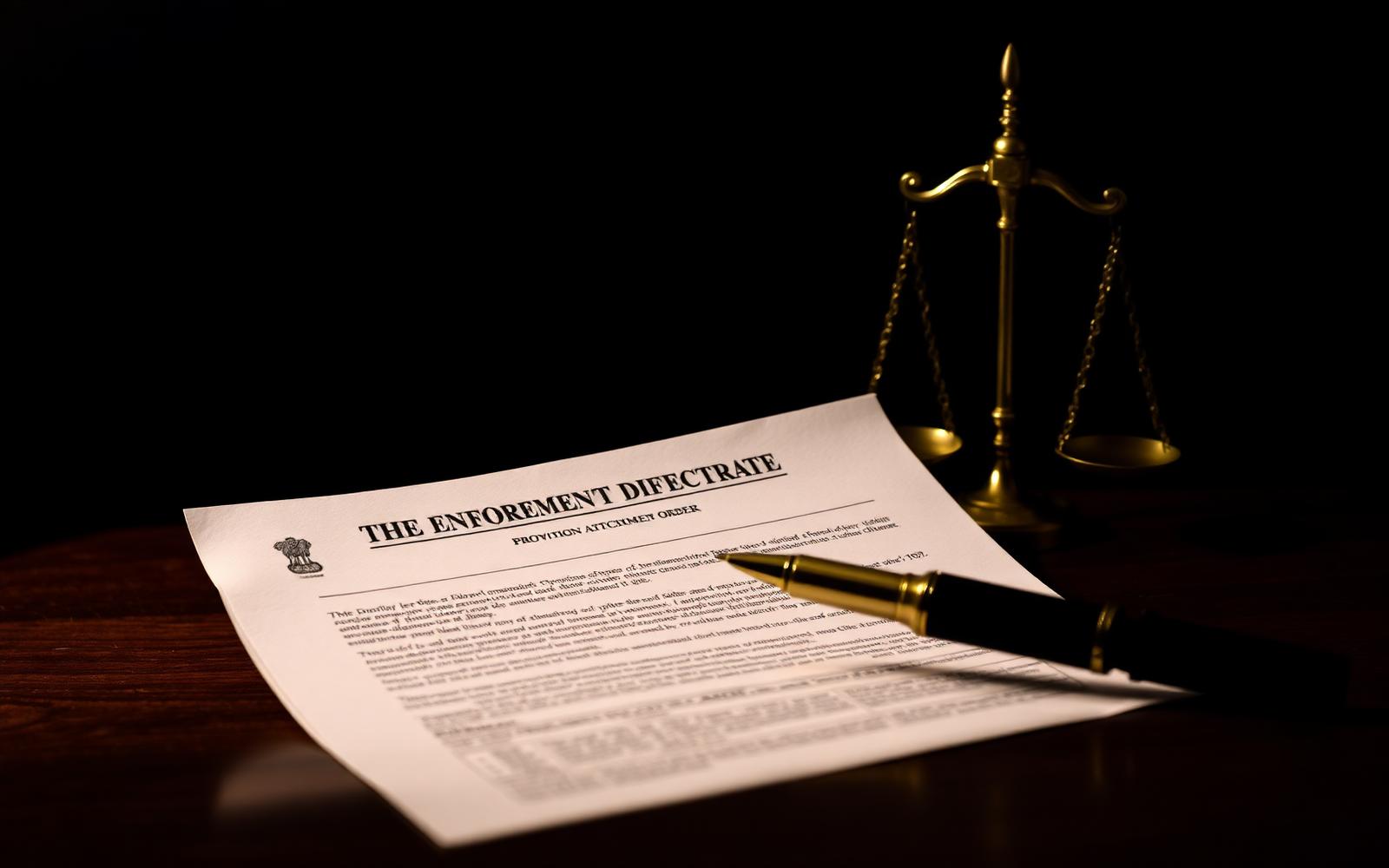 An Enforcement Directorate provisional attachment order beside a brass scale of justice on a dark wooden desk