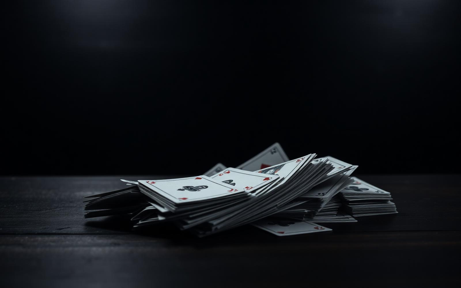 A collapsing house of cards on a dark wooden surface lit by a single warm gold light