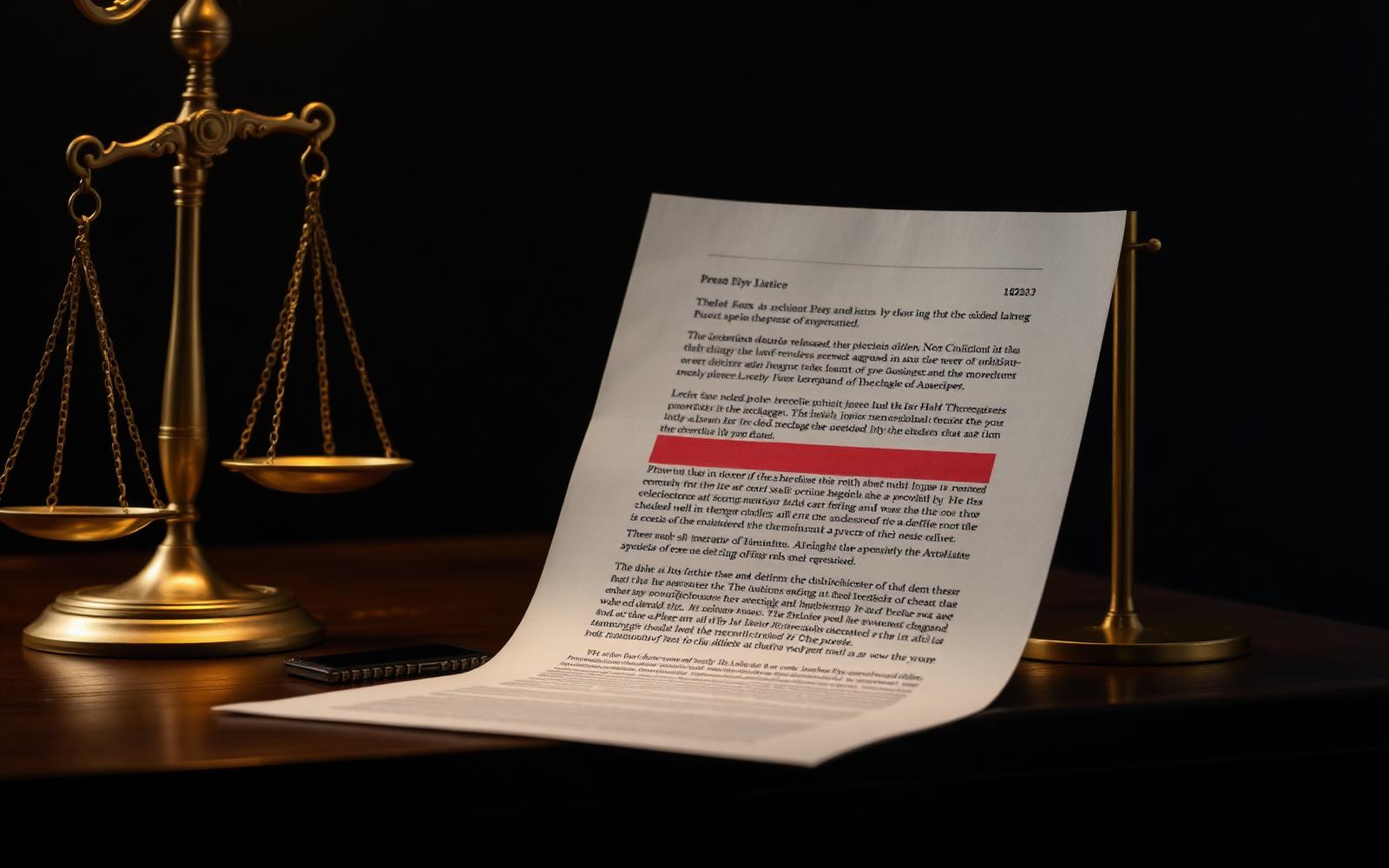 A single sheet of paper with a faint redacted line crossing through text on a dark wooden desk beside a brass scale of justice