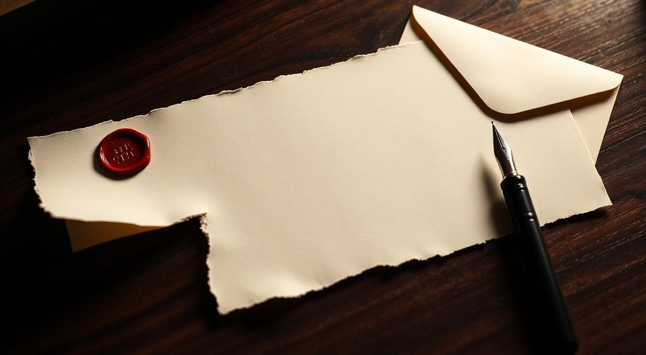 Torn cream paper sealed with a red wax stamp beside a sealed envelope and a black fountain pen on a dark wood desk