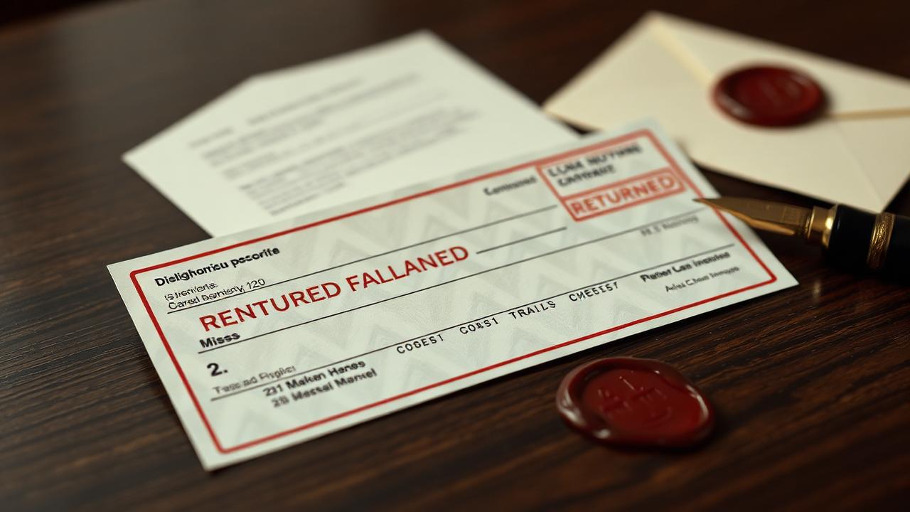 Dishonoured Indian cheque with a returned stamp beside a sealed legal notice envelope and a fountain pen