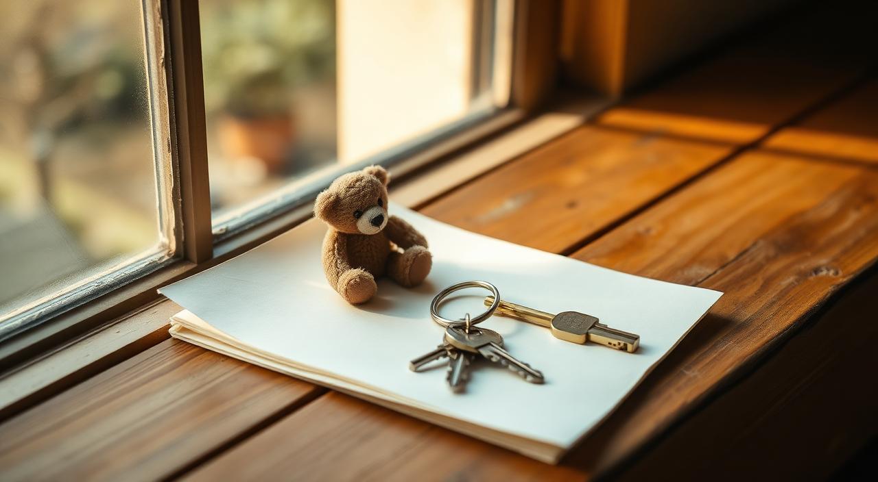 Small teddy bear and a folded family court petition with a set of house keys on a wooden window bench in soft warm light
