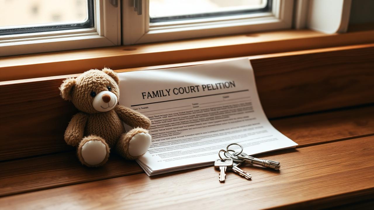Small teddy bear and a folded family court petition with a set of house keys on a wooden window bench in soft warm light