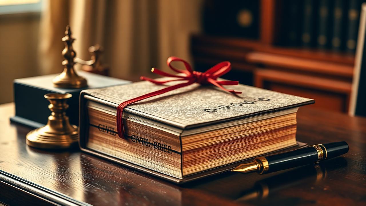 Thick bound civil suit brief tied with red ribbon on a dark wood desk beside a brass inkwell and fountain pen