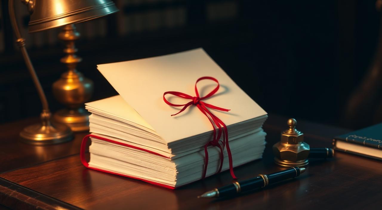 Thick bound civil suit brief tied with red ribbon on a dark wood desk beside a brass inkwell and fountain pen
