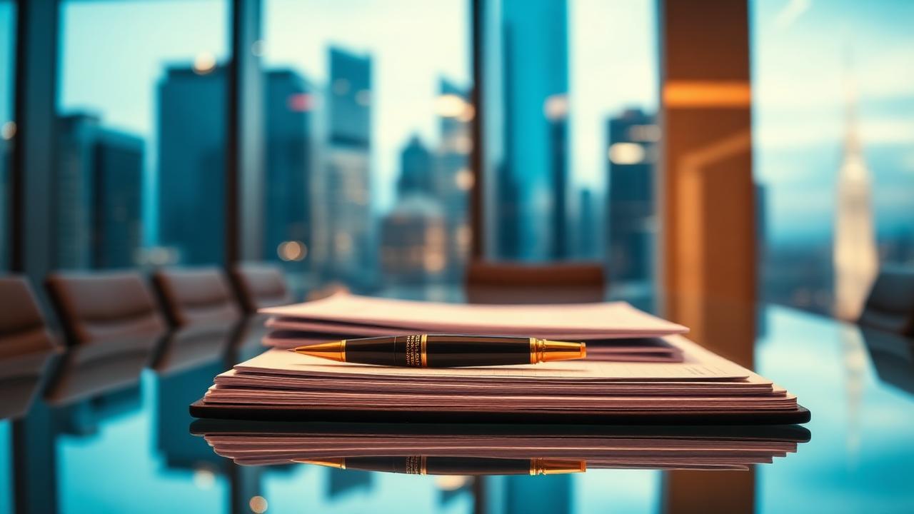 Glass corporate boardroom table with a fountain pen on a stack of contract folders and a soft-focus city skyline through floor-to-ceiling windows
