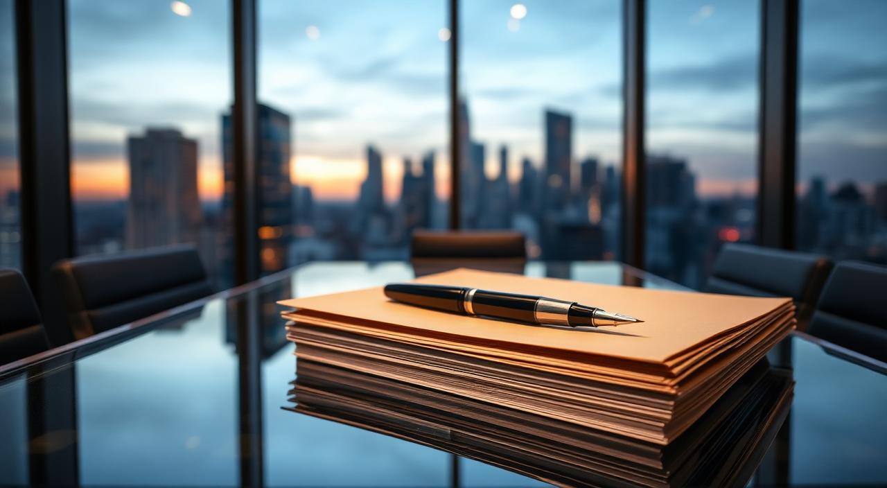 Glass corporate boardroom table with a fountain pen on a stack of contract folders and a soft-focus city skyline through floor-to-ceiling windows