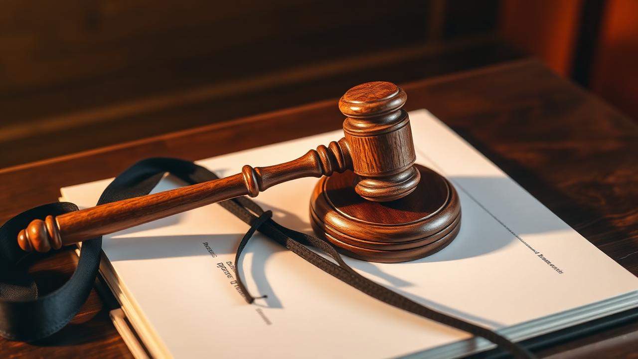 Wooden gavel resting on a closed criminal case file folder with a pair of black advocate's bands draped beside in warm chamber lighting