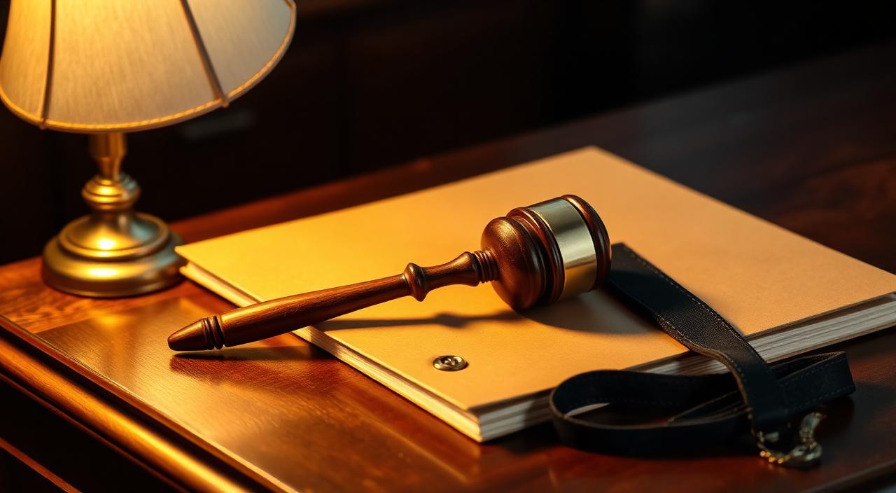 Wooden gavel resting on a closed criminal case file folder with a pair of black advocate's bands draped beside in warm chamber lighting