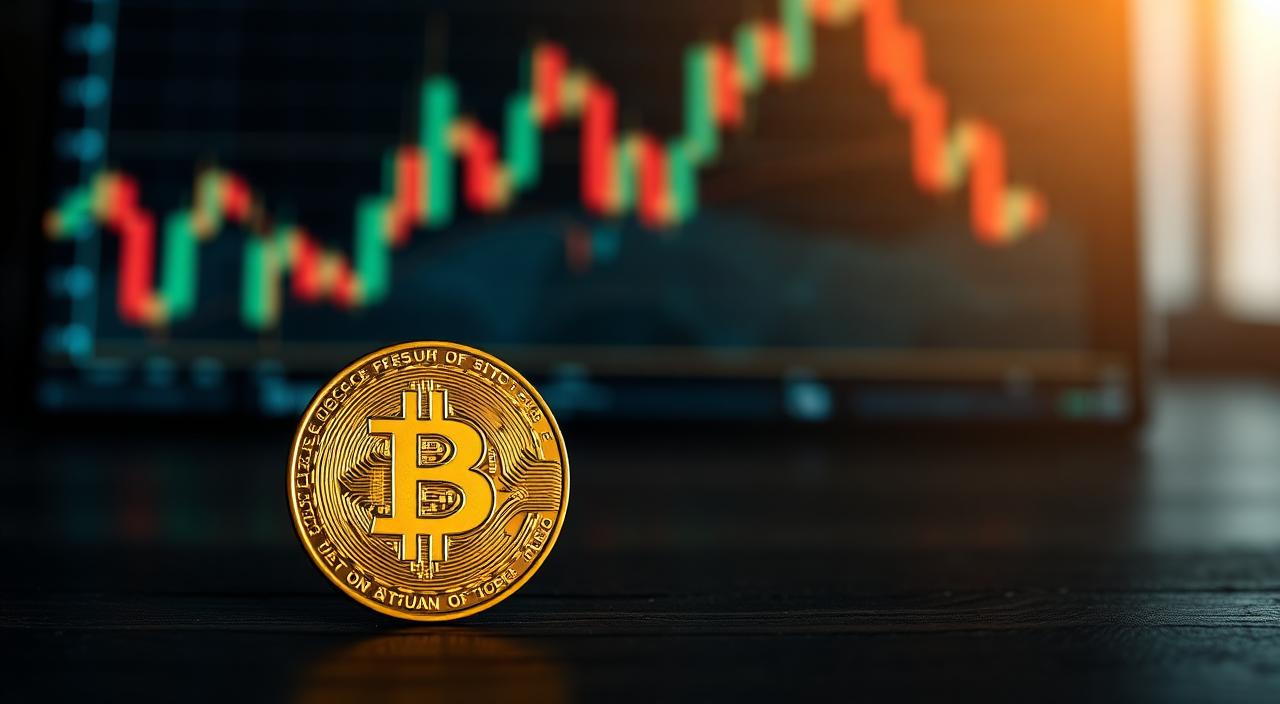 Bitcoin coin on a printed wallet-to-wallet blockchain trace diagram with a glowing market chart screen behind