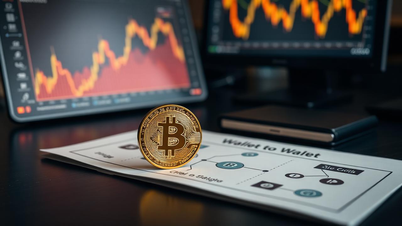 Bitcoin coin on a printed wallet-to-wallet blockchain trace diagram with a glowing market chart screen behind