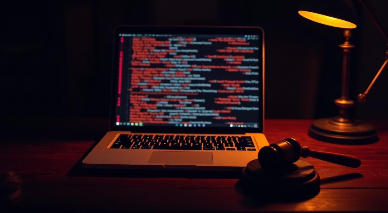 Open laptop with amber forensic terminal logs and a wooden gavel on an Indian cyber crime advocate's desk