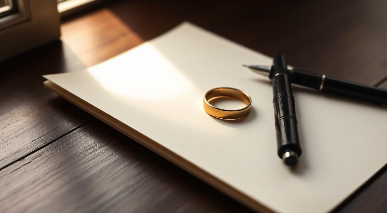 Two simple gold wedding bands placed apart on a folded petition with a fountain pen, soft warm window light