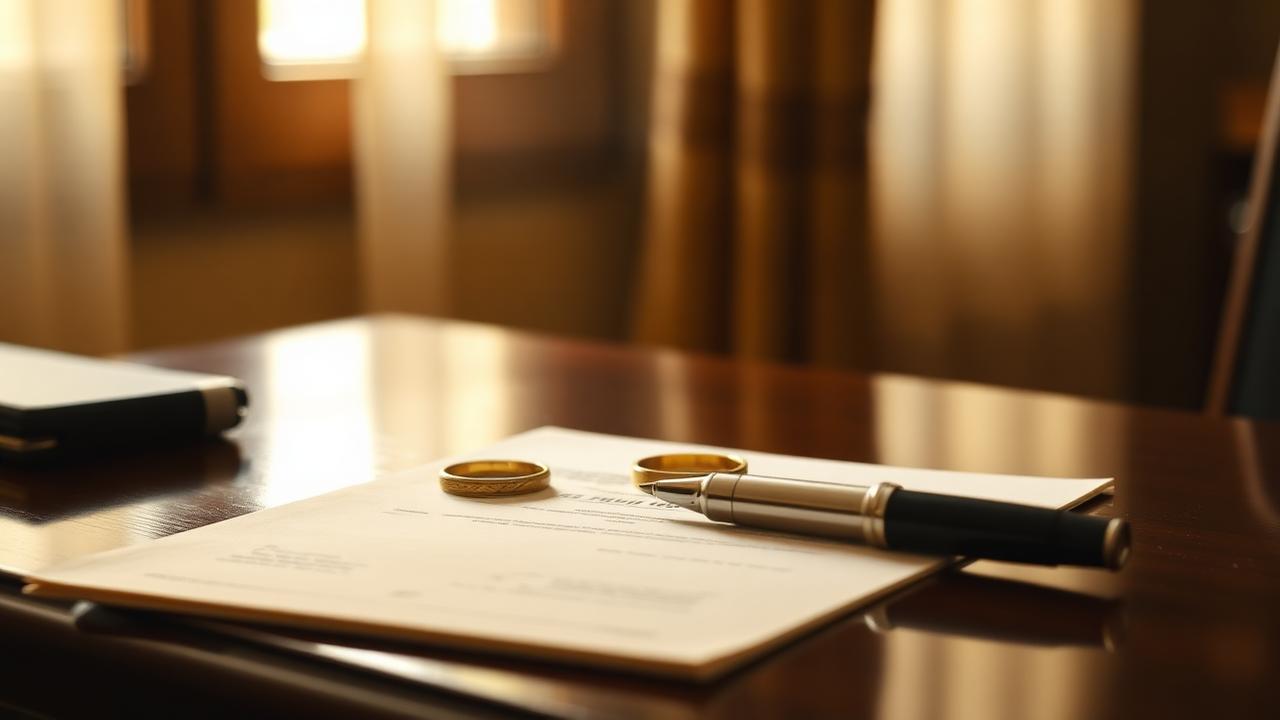 Two simple gold wedding bands placed apart on a folded petition with a fountain pen, soft warm window light
