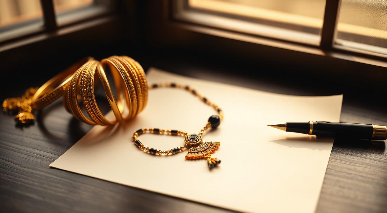 Traditional Indian gold bangles and a single mangalsutra placed on a folded legal petition with a fountain pen in soft warm window light