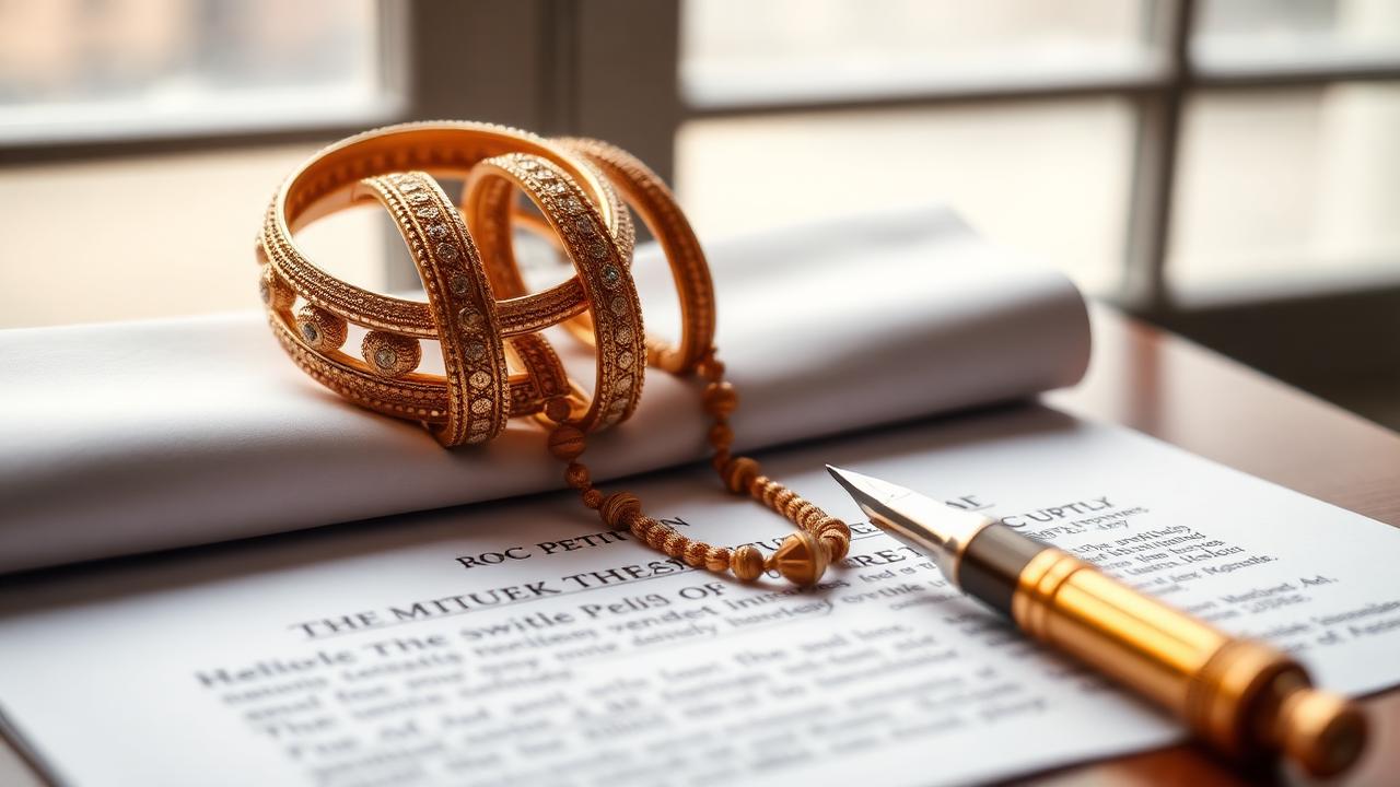 Traditional Indian gold bangles and a single mangalsutra placed on a folded legal petition with a fountain pen in soft warm window light