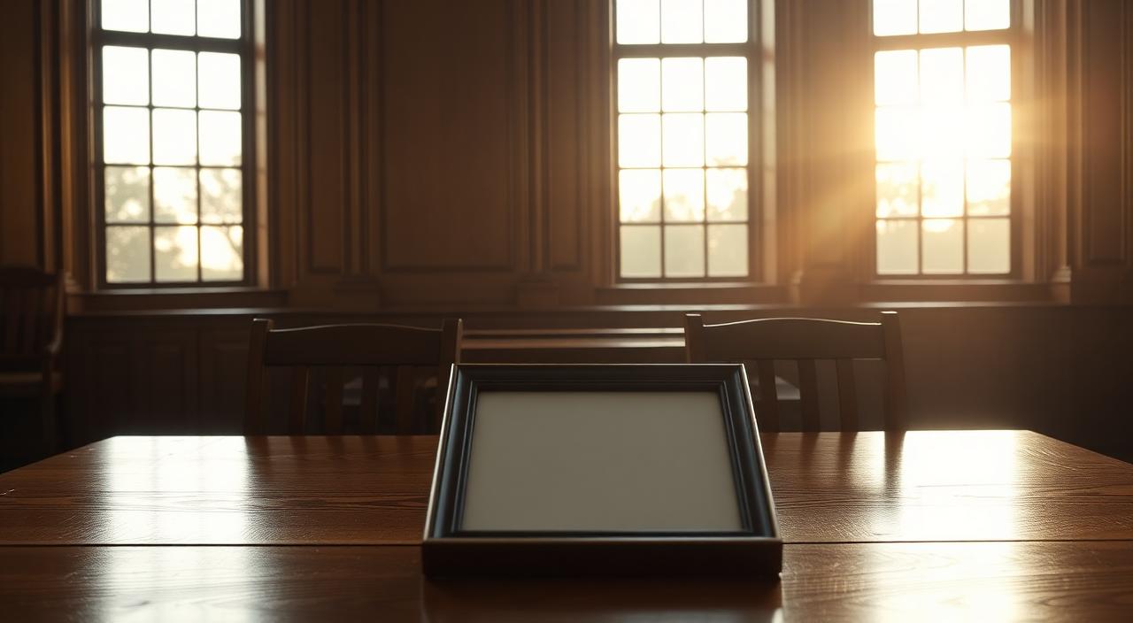 Empty wooden family court bench with two facing chairs and a single framed photograph face-down on the table in soft golden hour light