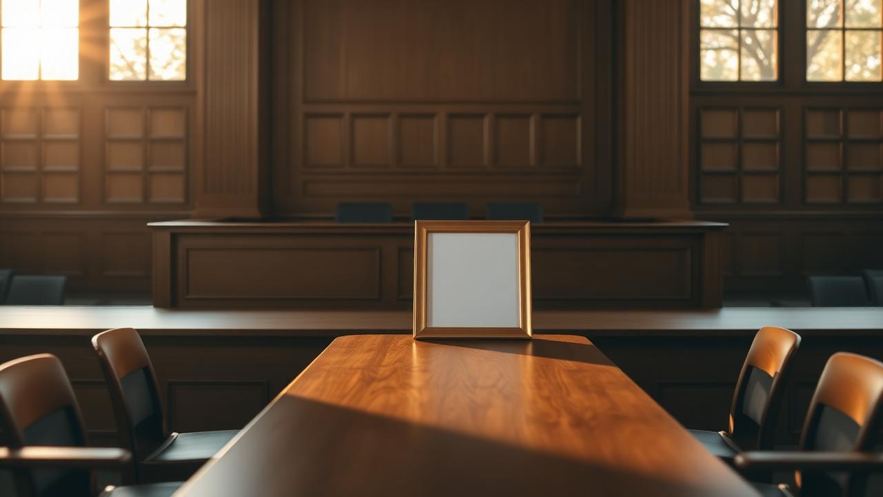 Empty wooden family court bench with two facing chairs and a single framed photograph face-down on the table in soft golden hour light